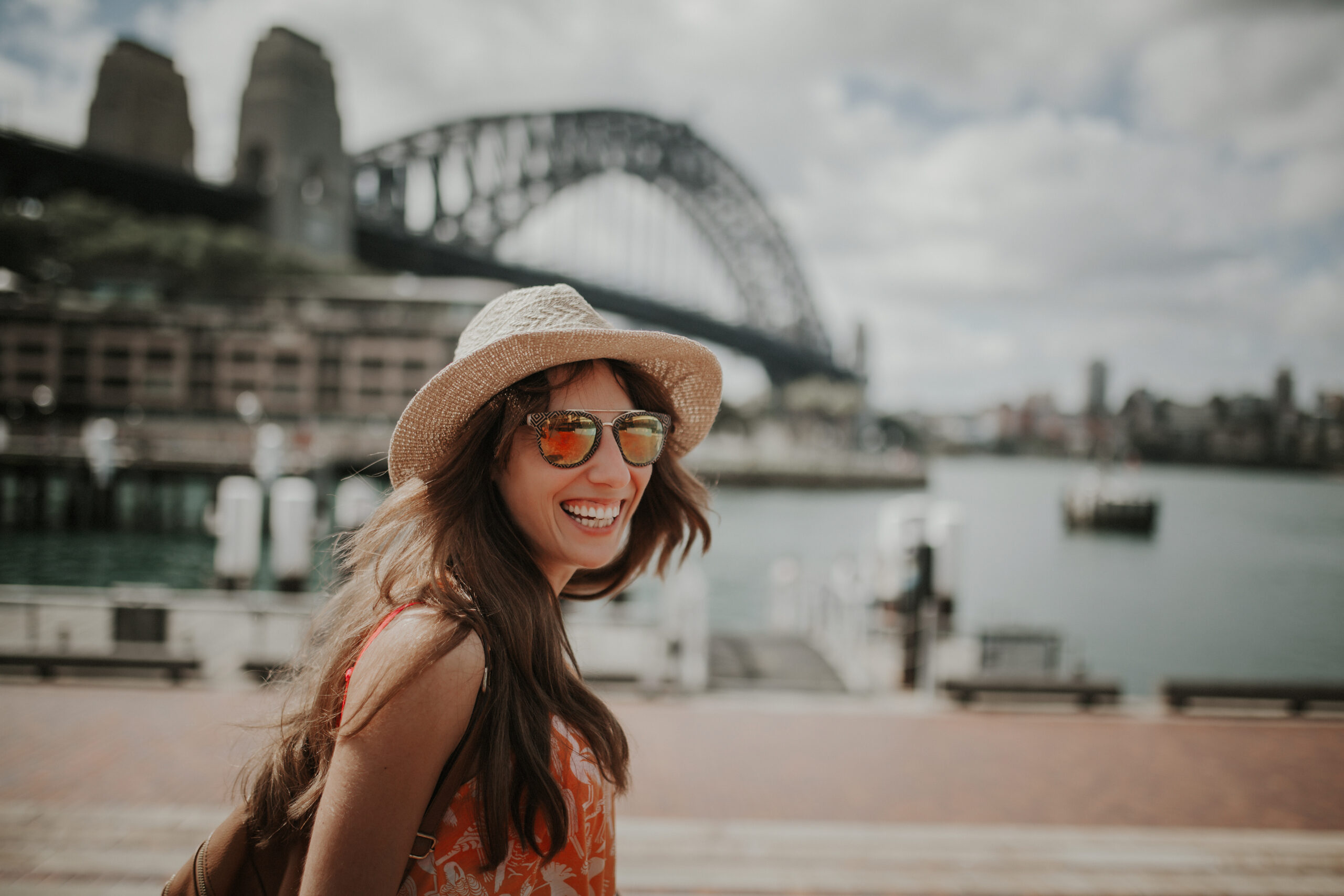 Happy,Smiling,Woman,Exploring,Sydney,,With,Harbour,Bridge,In,The
