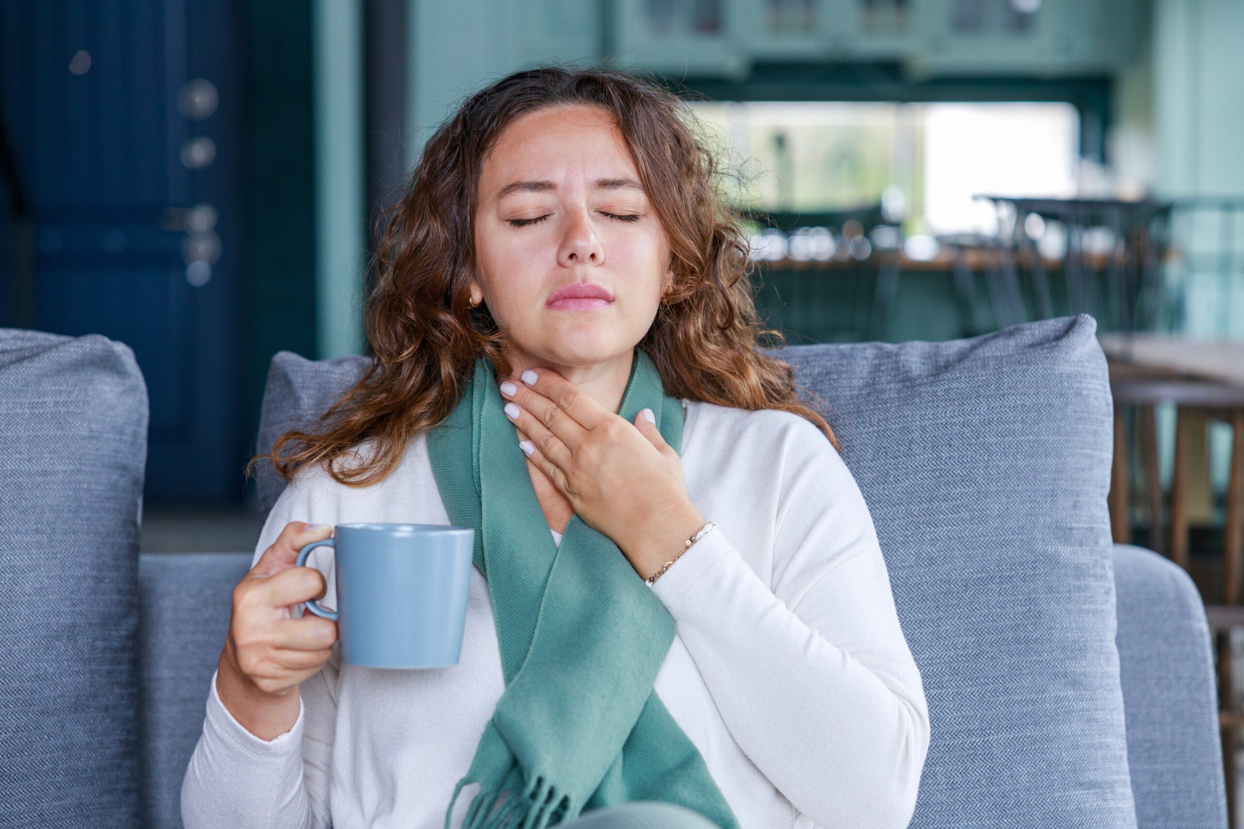 Young,Woman,Touching,Painful,Neck,,Sore,Throat,For,Flu,,Cold